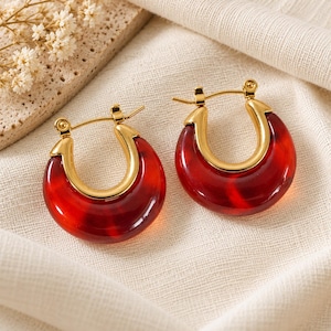 May include: A pair of hoop earrings featuring a polished gold-tone metal frame and a thick, semi-circular deep red resin component. The earrings have a hinged post closure mechanism and a smooth, glossy finish on the translucent red material.