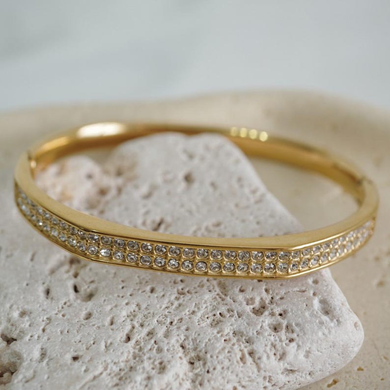 18k Gold Plated Meridian Pavé Cuff, Anti Tarnish Gold Bangle for Women, Water Resistant Gold Bracelet, Diamond Geometric Bangle,Tarnish Free image 11