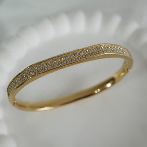 18k Gold Plated Meridian Pavé Cuff, Anti Tarnish Gold Bangle for Women, Water Resistant Gold Bracelet, Diamond Geometric Bangle,Tarnish Free image 8