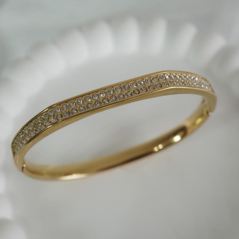 18k Gold Plated Meridian Pavé Cuff, Anti Tarnish Gold Bangle for Women, Water Resistant Gold Bracelet, Diamond Geometric Bangle,Tarnish Free image 8
