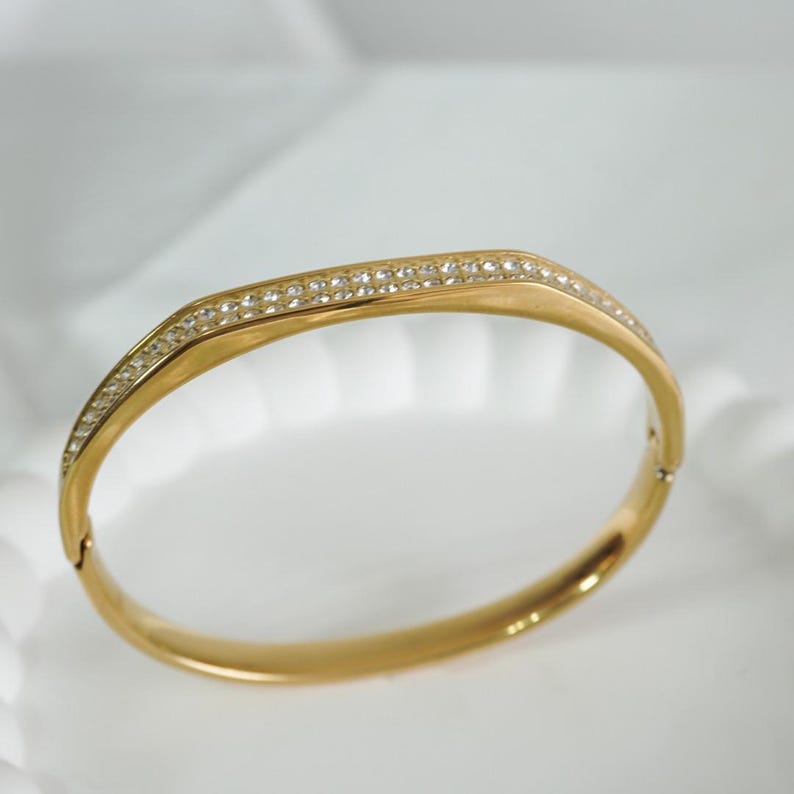 18k Gold Plated Meridian Pavé Cuff, Anti Tarnish Gold Bangle for Women, Water Resistant Gold Bracelet, Diamond Geometric Bangle,Tarnish Free image 3