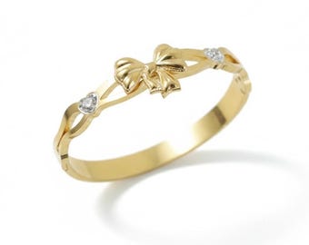 18k Gold Bow Bangle, Anti Tarnish Gold Ribbon Bracelet with Crystal Hearts, Coquette Aesthetic Jewelry, Water Resistant Gift for Her, Elara