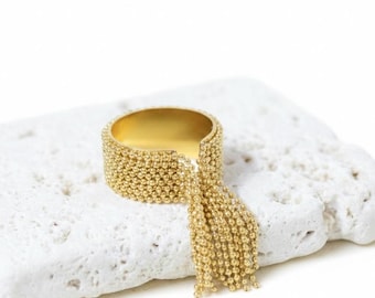 Gold Beaded Tassel Ring, Anti Tarnish Statement Ring, Waterproof Gold Jewelry, Fringe Dangle Ring, Wide Band Mesh Ring, Unique Gift for Her