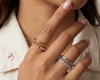 Gold Dangle Charm Ring •Anti-Tarnish Waterproof Gold Band • Cubic Zirconia Droplet Ring •Shaker Ring •Everyday Stackable Ring • Gift for her