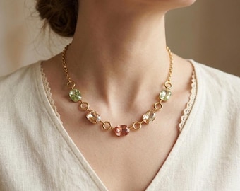 Multicolor Crystal Necklace, Cubic Zirconia Statement Choker in Gold,Pastel Gemstone Jewelry for Women, Wedding Guest Gift,42cm+5cm Extender