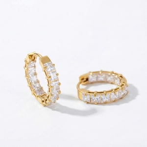 Gold Plated CZ Tennis Hoop Earrings-Anti-Tarnish Channel Set Small Hoops-Square Cut Cubic Zirconia Huggies for Women-Perfect Gift for Her