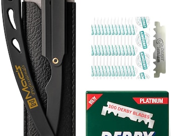 Maquinilla de afeitar profesional de acero inoxidable con filo recto, cuchillas y estuche de viaje.