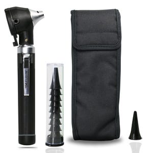 May include: A black and silver otoscope with a black handle, a clear plastic container with black ear specula, a black carrying case, and a single black ear speculum. The otoscope handle has the text "Medical Pro".