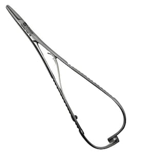May include: A stainless steel surgical needle holder with a curved handle and serrated jaws. The tool has a locking mechanism and the text "Mecr Stainless Steel CE" is visible.