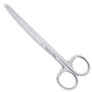 Puede incluir: Un par de tijeras quirúrgicas plateadas con orificios redondeados para los dedos. Las tijeras tienen hojas largas y rectas y el texto "Medical Pro" está impreso en la hoja.