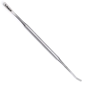 May include: A stainless steel dental instrument with a flat, curved end and a textured handle. The brand name "Mac's" is printed in black on the top end of the instrument. The tool is designed for dental procedures.