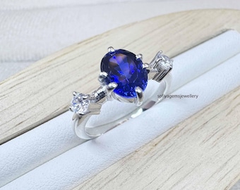 Blue Sapphire Ring, Oval Cut Sapphire, 925 Sterling Silver, Promise Ring, Wedding Ring, Cluster Ring, September Birthstone, Anniversary Ring