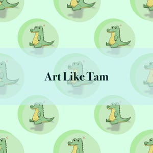 May include: A repeating pattern featuring cartoon alligators in light green circles on a light green background. The alligators are light green with yellow bellies and an angry expression. The text "Art Like Tam" is in the center.