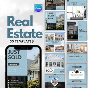 Könnte beinhalten: Werbebild für Immobilien mit 30 Vorlagen. Das Design enthält den Text "Real Estate" und "30 Templates". Es werden mehrere Beispiel-Immobilienanzeigen mit den Worten "Just Sold" und "Now Under Contract" angezeigt. Ein Smartphone zeigt eine "Just Sold"-Vorlage.