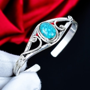 Kingman turkos silvermanschettarmband, 925 sterlingsilversmycken, justerbar manschett, stapelbar manschett, armband, tjock silvermanschettarmring present