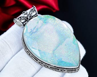 Großer weißer australischer Opal Anhänger, 925 Sterling Silber Schmuck, handgemachter Anhänger, großer Anhänger für Frauen, Geburtstagsgeschenk für Mama