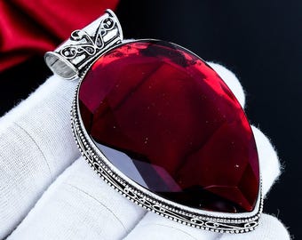 Roter Granat riesiger Edelstein handgemachter 925er Sterlingsilber-Schmuckanhänger, großer Anhänger für Geschenke, Januar Birthstone Anhänger
