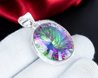 Mystischer Regenbogen Topas Anhänger, 925 Sterling Silber Anhänger, Regenbogen Edelstein Regenbogen Mystic Topas Halskette Antiker Schmuck Anhänger für Geschenke