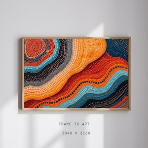 Könnte beinhalten: Abstrakter Kunstdruck in einem Holzrahmen. Das Kunstwerk zeigt ein farbenfrohes Design mit orangefarbenen, roten, blauen und weißen Punktmustern. Der Text "FRAME TV ART" und die Abmessungen 3840 x 2160 sind unten abgebildet.