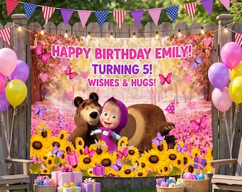 Custom Masha and the Bear Birthday Backdrop, Personalized Masha Y Oso Banner, Sunflower Girl Party Tapestry, Kids Birthday Decoration