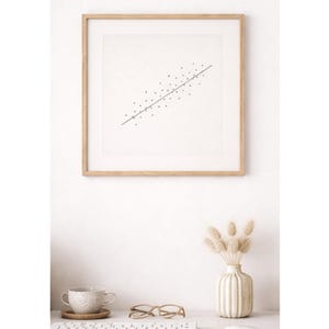 May include: A framed print with a scatter plot diagram in a light wood frame. The image is displayed above a white desk with a cup, glasses, keyboard, mouse, and a vase with dried flowers. The overall aesthetic is minimalist.