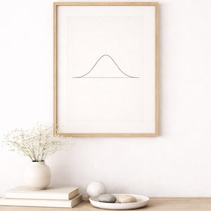 May include: A framed print featuring a minimalist black line graph, depicting a bell curve. The artwork is set in a light wood frame. The image is displayed above a wooden cabinet with a vase of white flowers and decorative items.