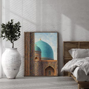 Islamic Mosque Blue Dome Oil Painting Print, Persian Tile Artwork, Middle Eastern Decor