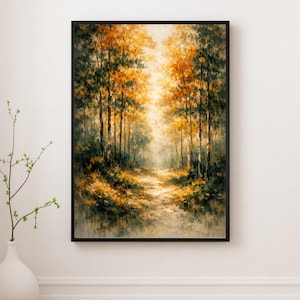 Könnte beinhalten: Gerahmtes Landschaftsgemälde eines sonnenbeschienenen Waldweges. Das Kunstwerk zeigt hohe Bäume mit grünen und goldenen Blättern, die Tiefe erzeugen. Der Weg wird vom Sonnenlicht beleuchtet, mit einem weichen, verschwommenen Effekt. Das Gemälde ist in einem schwarzen Rahmen.