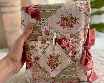 Handmade Quilted Bible Cover | Crimson Rose Floral, Pocket & Bow