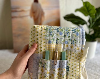 Golden Meadow Quilted Bible Cover | Handmade Blue And Yellow Bible Cover with Gingham Bow & Pocket | Elegant Christian Gift