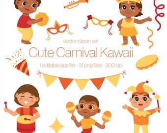 Clipart de Carnaval Kawaii, Vector de Carnaval Brasileño, Lindos Personajes de Samba, PNG y EPS, Gráficos para Fiestas Infantiles, Descarga Digital