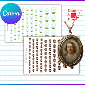 May include: An oval photo locket template with a portrait inside, displayed with Canva and drag-and-drop instructions. The image includes a grid background and text that reads "Photo Oval Locket Template".