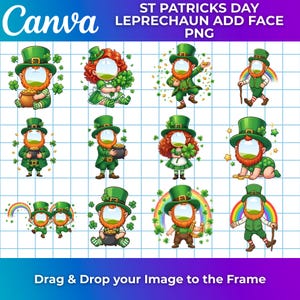 May include: A collection of St. Patrick's Day leprechaun graphics. Each cartoon leprechaun wears a green hat and outfit, with a red beard. Some hold pots of gold or shamrocks. The text "ST PATRICKS DAY LEPRECHAUN ADD FACE PNG" is at the top.
