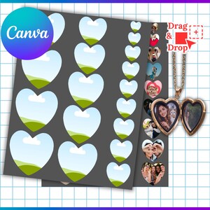 May include: A heart-shaped photo locket template with a gold chain, open to reveal two photos. The image includes heart-shaped placeholders with landscape scenes, the Canva logo, and the text "Drag & Drop your Image to the Frame."