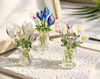 Handmade Glass Calla Lily Bouquet Set, Spring Floral Decor, Mini Vase Flowers