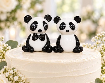 Handmade Glass Panda Wedding Cake Topper, Bride and Groom Figurines