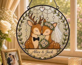 Acchiappasole personalizzato con coppia di cervi per matrimonio, con nomi e data personalizzati, da appendere alla finestra, ricordo di anniversario