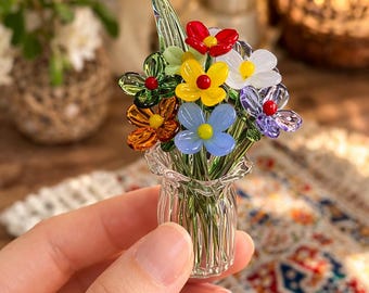 Bouquet di fiori di vetro fatto a mano con motivo a raggi di sole, piccolo vaso di fiori selvatici, decorazione colorata per la scrivania, composizione floreale in miniatura