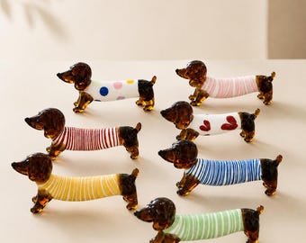 Handmade Glass Dog Figurine, Amber Puppy Sculpture, Miniature Animal Desk Decor