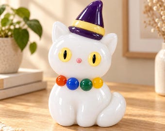 Handmade Glass Witch Cat Figurine, Colorful Wizard Hat, Halloween Decor