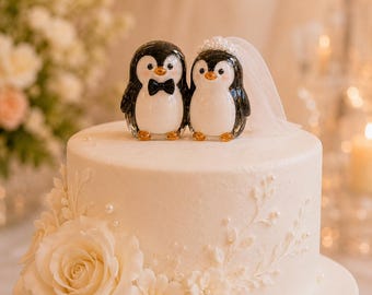 Handmade Glass Penguin Wedding Cake Topper, Bride Groom Couple Figurines