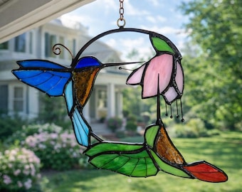 Atrapasueños de colibrí de vitral, colgante de ventana con forma de arcoíris