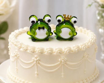 Handmade Glass Frog Couple Wedding Cake Topper, Bride Groom Figurines, Miniature Keepsake
