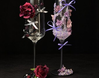 Hand Decorated Wine Glass, Floral Champagne Goblet, Gothic Wedding Toasting Glass (Set of 2)