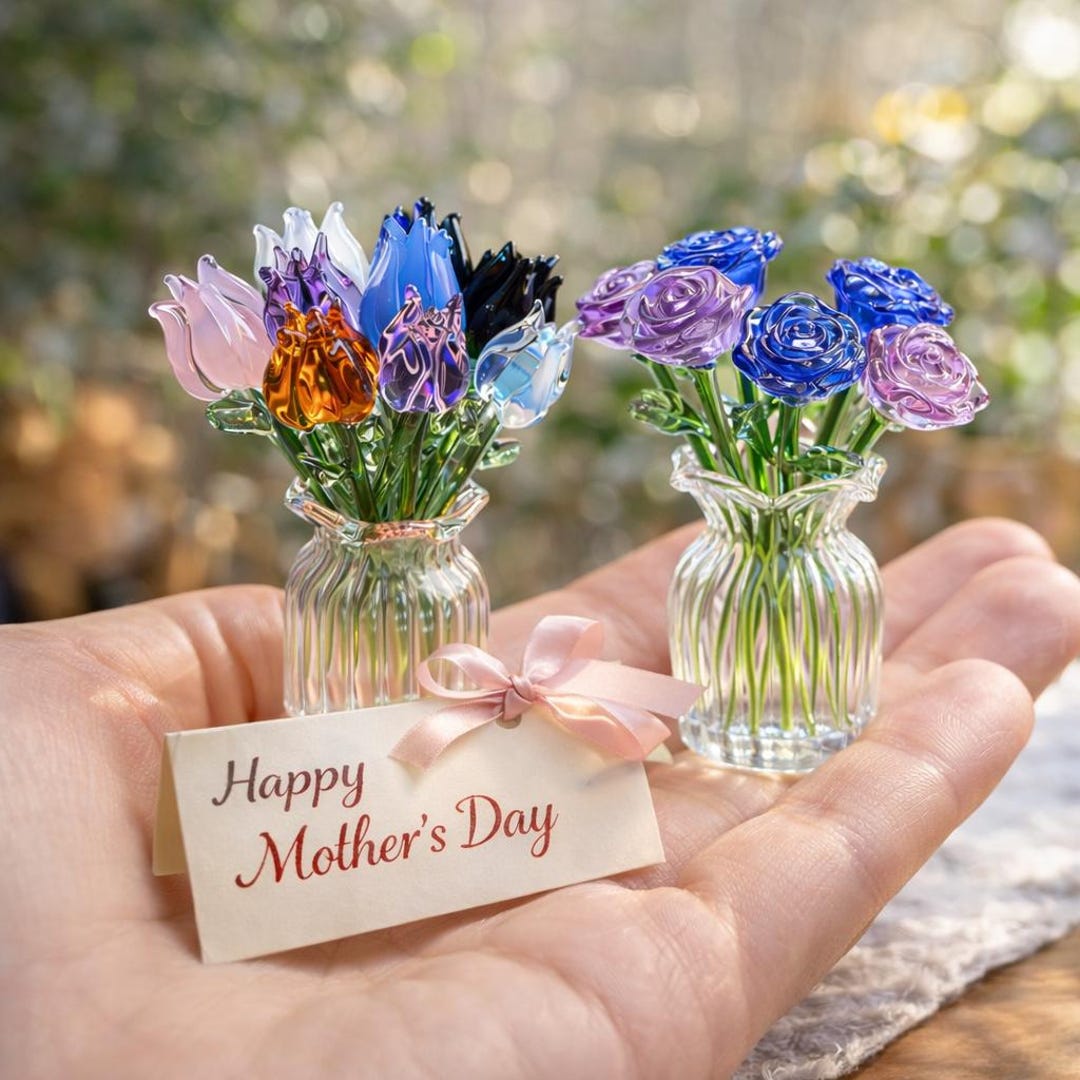 Custom Glass Flower Bouquet for Mom, Handmade Tulip & Rose Mix