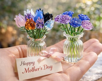 Bouquet di fiori in vetro personalizzato per la mamma, mix di tulipani e rose fatti a mano, regalo per la festa della mamma