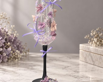 Hand Decorated Wine Glass, Floral Champagne Goblet, Gothic Wedding Toasting Glass (Set of 2)