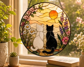 Acchiappasole personalizzato a forma di gatto, con motivo tramonto e giardino in stile vetrata, da appendere alla finestra.