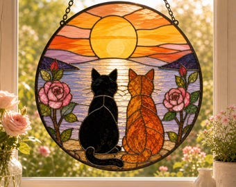 Acchiappasole personalizzato per gatti, con motivo rosa al tramonto sul lago, da appendere alla finestra, in stile vetrata artistica, regalo perfetto per gli amanti dei gatti.