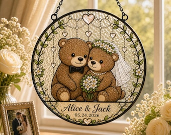 Acchiappasole personalizzato per matrimonio con coppia di orsetti, con nomi e data personalizzati, da appendere alla finestra, ricordo di anniversario.